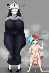 2023 big_breasts bigger_female blue_hair boyfriend_(friday_night_funkin) clothed friday_night_fever friday_night_funkin friday_night_funkin_mod gray_background hat hips_wider_than_shoulders horndog_(artist) hourglass_figure imminent_sex nervous nervous_smile newgrounds nun nun_outfit peace_sign small_but_hung small_dom_big_sub smaller_male smug smug_face sperm_cell tagme taki_(fevertown) thick_thighs tummy white_skin