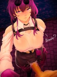 1boy1girl big_breasts boob breasts clothed cum eyewear_on_head forz_(artist) hips honkai:_star_rail honkai_(series) kafka_(honkai:_star_rail) purple_eyes purple_hair standing standing_position standing_sex sunglasses_on_head thick_thighs tights