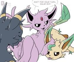 ambiguous_gender black_body black_eyes black_fur blacky_(pokemon) blep bodily_fluids closed_eyes colored cunnilingus eeveelution eifie_(pokemon) espeon female feral flat_colors fur generation_2_pokemon generation_4_pokemon genitals group group_sex hi_res kifyun2 leafeon leafia looking_at_viewer lying male nintendo on_back on_side open_mouth oral penis pink_body pink_fur pokemon pokemon_(species) pussy saliva sex speech_bubble text threesome tongue tongue_out trio umbreon vaginal_penetration yellow_body yellow_fur