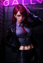 1girls abs ai_generated alley black_clothing blue_eyes fallflour jacket jeans midriff night police police_officer police_uniform policewoman red_hair red_tie security_guard solo solo_focus stable_diffusion tie uniform