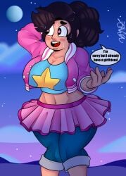 1girls big_breasts female female_only fully_clothed grown_up knees_together_feet_apart midriff nervous night_sky nora_quartz_universe rejection solo star-shaped_pupils star_pupils steven_universe steven_universe_future sweat text zaicomaster14