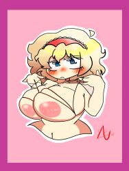 1girls alice_margatroid areolae blonde_hair blue_eyes breasts female female_only hairband huge_breasts loqesalty messy_hair nipples red_hairband solo solo_female strings touhou watermark