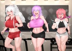 abs chanary female female_only fujiwara_no_mokou fully_clothed huge_ass huge_breasts hypnosis iku_nagae lips midriff mind_control muscular_female navel raiko_horikawa sportswear thick_thighs touhou wide_hips