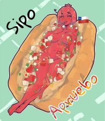 1girls belly_button big_breasts bread breasts chile completo_(chilean_hotdog) doggis eyebrows_visible_through_hair food food_creature food_girl girl_in_food low_res messirve motoanexo red_body red_hair red_skin sdlg seasoning short_hair spanish_text text