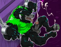 anthro balls bara barazoku black_fur boner canine chains cum danny_phantom erection furry green_clothing male male_only muscles muscular orgasm pantsless penis solo solo_male wfa wolf wulf_(danny_phantom)