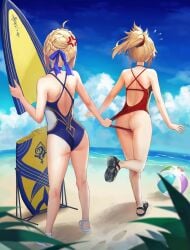 2girls artoria_pendragon ass beach blonde_female blonde_hair blonde_hair_female fate_(series) female_only light-skinned_female light_skin mordred_(fate) mother_and_daughter surfboard swimsuit thick_thighs tonee wide_hips