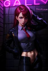 1girls abs ai_generated alley black_clothing blue_eyes breasts fallflour jacket jeans large_breasts midriff night police police_officer police_uniform policewoman red_hair red_tie security_guard solo solo_focus stable_diffusion tie uniform unzipped unzipped_pants vagina