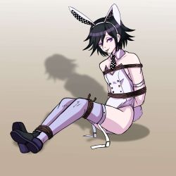 1boy ass bare_shoulders bondage bound bound_legs bunny_boy bunny_ears bunny_tail bunnysuit danganronpa danganronpa_v3 femboy feminine_male kokichi_ouma looking_at_viewer otoko_no_ko ouma_kokichi playboy_bunny purple_eyes purple_hair restrained restrained_legs rope rope_bondage shadow sitting solo solo_male straight_hair straps tied_up tongue tongue_out twink