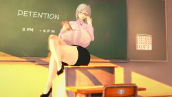 1girls 3d alternate_hairstyle chalkboard classroom emilia_ludwell evening female female_only fully_clothed glasses holding_book huge_breasts koikatsu looking_at_viewer maou_gakuin_no_futekigousha miniskirt pov solo teacher thick_hips thick_thighs white_hair