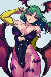 ai_generated bat_wings bulge_through_clothing clothing darkstalkers futanari green_eyes green_hair morrigan_aensland plain_background self_upload shiny_clothes small_breasts smiling_at_viewer solo twitter_username virtuai yellow_sleeves