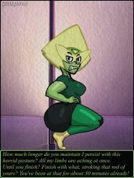 angry between_buttocks caption cartoon_network clothing dialogue gem_(species) green_skin hand_on_hip huge_ass looking_at_viewer peridot_(steven_universe) pole pole_dancing side_view squatting steven_universe stripper_pole suziefemlin text thick_ass thick_thighs twerking visor