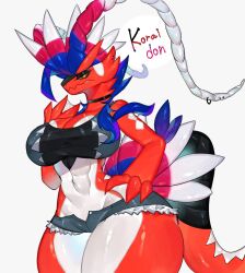 1girls anthro anthrofied belly belly_button big_breasts breasts cleavage clothed clothing creatures_(company) crop_top female female_only fur game_freak koraidon legendary_pokemon mouth nintendo pokemon pokemon_(species) pokemon_sv shorts tail teeth thick_thighs toge77789 togetoge