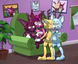 absurd_res anthro bat big_penis blue_body blue_fur bodily_fluids chair cum deer domestic_cat felid feline felis fur furniture genital_fluids genitals group hi_res making_out male male/male mammal nude penis plant purple_body purple_fur sonicinmind toontown_bat toontown_deer toontown_online toony yellow_body yellow_fur