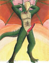 anthro cole dragon flexing fullcolor genitals hi_res male muscular nude nyghtmar3 penis pinup pose proud reptile scalie simple_background solo traditional_media_(artwork) western_dragon wings