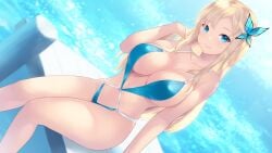 1girls 2d bikini blonde_hair blue_eyes boku_wa_tomodachi_ga_sukunai cait cait_aron cleavage female female_only human light-skinned_female light_skin looking_at_viewer pale-skinned_female pale_skin sena_kashiwazaki solo solo_female solo_focus swimming_pool