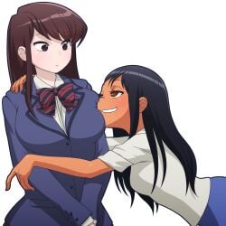 2girls alpha_channel asian big_breasts black_eyes black_hair breasts brown_eyes brown_hair clothed clothing crossover curvy dark_blue_hair face_on_breast female female_only for_sticker_use fringe grey_eyes hayase_nagatoro hi_res highres hug komi-san_wa_komyushou_desu komi_shouko light-skinned_female light_skin long_hair manyakis multiple_girls no_background pale-skinned_female petite please_don't_bully_me,_nagatoro png purple_eyes purple_hair revealing_clothes school_uniform schoolgirl skirt small_breasts smile sticker_template tan tan_skin tanned teenager transparent_background transparent_png wide_hips young yuri