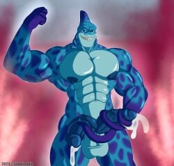 1boy 2023 2_penises abs absurd_res anthro balls bara blue_body bodily_fluids cum cum_on_tentacle digital_media_(artwork) diphallia diphallism erection fish flexing genital_fluids genitals hi_res humanoid_genitalia humanoid_penis klr-rio looking_at_viewer male male_only mammal marine monster multi_genitalia multi_penis muscular muscular_male nipples nude pecs penis rumble_(film) scalie simple_background smile solo spots spotted_body teeth tentacle tentacular_(rumble) vein veiny_penis