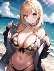 ai_generated beach blonde_hair choker close-up cumulonimbus_cloud curvaceous curvy curvy_female earrings female_focus female_only high_resolution highres kitagawa_marin lens_flare looking_at_viewer nai_diffusion navel_piercing ocean outdoors pov red_eyes removing_shirt skyrimgamer17 smiling_at_viewer sono_bisque_doll_wa_koi_wo_suru stable_diffusion string_bikini voluptuous voluptuous_female