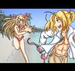 00s 2000s 2006 bikini edward_elric enf fullmetal_alchemist stolen_bikini stolen_swimsuit swimming_trunks swimsuit winry_rockbell