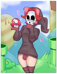 bulge easybee femboy glasses mario_(series) mushroom nat_(riteliso) outdoors pale_skin power_up question_mark red_hair shy_guy super_mario_bros. thighhighs wide_hips