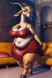 ai_generated amber_eyes anthro bbw bedroom black_horn black_horns blonde_hair chubby cleavage crop_top curvaceous curvy disney fur furry gazelle gazelle_(zootopia) gigantic_thighs goat goat_ears goat_girl hair_over_one_eye horn horns huge_breasts indoors long_neck looking_at_viewer makeup navel obese orange_fur overweight plump red_crop_top red_outfit red_skirt seductive seductive_eyes seductive_look snout stable_diffusion thick thick_thighs tuft voluptuous wgenjoyr4539 white_fur zootopia