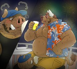 2023 alcohol anthro araiguma_11 beer belly beverage big_belly blush bodily_fluids bovid bovine cattle clothed clothing duo fireworks kemono male male/male mammal night open_clothing open_shirt open_topwear outside scar shirt sitting suid suina sus_(pig) sweat topwear wild_boar