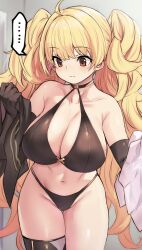 asymmetrical_legwear auburn_eyes bikini black_gloves blonde_hair breasts collar confused cowboy_shot fluffy_hair gloves granblue_fantasy huge_breasts kztk long_hair long_twintails monica_(granblue_fantasy) monika_weisswind shirt solo spoken_ellipsis sweatdrop thick_thighs thighhighs very_long_hair wide_hips