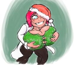 2019 big_breasts breast_grab breast_hold breast_squeeze breasts christmas christmas_hat drooling holidays kira_(yetig) lab_coat labcoat lifting_breasts missing_tooth oc original_character santa_hat self_upload sweater xmas yetig