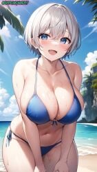 ai_generated beach blue_eyes close-up collarbone cumulonimbus_cloud gigantic_breasts high_resolution highres looking_at_viewer nai_diffusion narrow_waist ocean outdoors palm_tree pov short_hair skyrimgamer17 stable_diffusion string_bikini sweaty_body thick_thighs uzaki-chan_wa_asobitai! uzaki_hana white_hair wide_hips