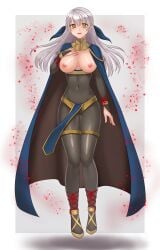 1girls :d absurdres alternate_costume ass_visible_through_thighs aura blue_cape bodystocking border bracelet breasts breasts_out bridal_gauntlets cape cleavage clothes_lift covered_navel dark_aura female female_only fire_emblem fire_emblem:_radiant_dawn fire_emblem_awakening full_body grey_hair hair_ribbon half_updo hand_on_own_chest hazuki_(nyorosuke) highres jewelry large_breasts long_hair looking_at_viewer micaiah_(fire_emblem) midriff nintendo nipples official_alternate_costume open_mouth partially_visible_vulva pelvic_curtain pelvic_curtain_lift pussy ribbon see-through silver_hair simple_background skin_tight smile solo transformation two-tone_cape white_border yellow_eyes