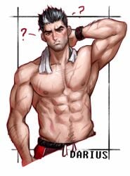 1boy 2023 abs arm_behind_head bara barazoku biceps clothing darius_(league_of_legends) dunkmaster_darius dunkmaster_series gay greentea hairy hairy_arms hi_res highres league_of_legends male male_focus male_nipples male_only male_pubic_hair manly muscles muscular muscular_arms muscular_male nipples riot_games scar scars_all_over solo solo_male text