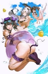 1girls azur_lane bangs beach black_bikini brown_hair cameltoe cat_ears cheshire_(azur_lane) crown drake_(azur_lane) gold_eyes green_eyes grey_hair hair_ribbon large_ass large_breasts light-skinned_female light_skin long_hair looking_at_viewer manjuu_(azur_lane) navel nike1060 ocean ponytail purple_bikini ribbon royal_navy_(azur_lane) short_hair sideboob sidelocks slippers smile streaked_hair sunglasses_on_head twintails waves wink york_(azur_lane)