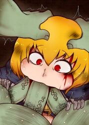 1girls 3boys anon big_penis blonde_hair blood clementine_(overlord) fellatio female huge_cock large_penis male nekosatsu1 overlord_(maruyama) penis pubic_hair red_eyes triple_barrel_fellatio worried_expression