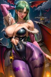 1girls ai_generated bat_wings clothing curvy_body curvy_female curvy_figure darkstalkers demon diffusionlad female female_focus female_only green_hair huge_breasts large_breasts leggings long_hair medium_breasts morrigan_aensland seductive_look stable_diffusion succubus