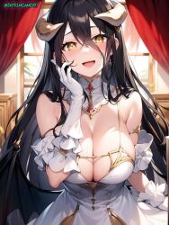 ai_generated albedo_(overlord) black_hair cleavage close-up curtains curvaceous curvy curvy_figure demon demon_girl demon_horns elbow_gloves female_focus female_only gigantic_breasts hand_on_face high_resolution highres indoors long_hair looking_at_viewer nai_diffusion narrow_waist overlord_(maruyama) pelvic_curtain pov skyrimgamer17 smiling_at_viewer stable_diffusion succubus sweat thick_thighs voluptuous voluptuous_female white_dress wide_hips window yellow_eyes