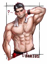 1boy 2023 abs arm_behind_head bara barazoku biceps clothing darius_(league_of_legends) dunkmaster_darius dunkmaster_series gay greentea hairy hairy_arms hi_res highres league_of_legends male male_focus male_nipples male_only male_pubic_hair manly muscles muscular muscular_arms muscular_male nipples riot_games scar scars_all_over solo solo_male sweat text