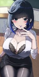 1girls ara_ara between_breasts blue_eyes blue_hair bra bra_peek breasts classroom cleavage dice female female_only genshin_impact large_breasts mature_female milf mole mole_on_breast nail_polish pantyhose short_hair skirt solo teacher translation_request yelan_(genshin_impact)