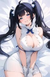 1girls ai_generated black_hair blue_eyes breasts cleavage dress dungeon_ni_deai_wo_motomeru_no_wa_machigatteiru_darou_ka female goddess hestia_(danmachi) huge_breasts light-skinned_female light_skin long_hair stable_diffusion stuffyai thick_thighs twintails wide_hips