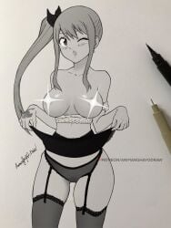 animanghayodraw breasts brown_eyes censored_breasts fairy_tail lucy_heartfilia ponytail seductive seductive_eyes seductive_look seductive_pose seductive_smile