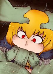 1girls 3boys anon big_penis blonde_hair clementine_(overlord) fellatio female huge_cock large_penis male nekosatsu1 overlord_(maruyama) penis pubic_hair red_eyes triple_barrel_fellatio worried_expression