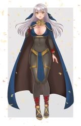 1girls :d absurdres alternate_costume blue_cape bodystocking border bracelet breasts bridal_gauntlets cape cleavage covered_navel falling_leaves female female_only fire_emblem fire_emblem:_radiant_dawn fire_emblem_awakening full_body grey_hair hair_ribbon half_updo hand_on_own_chest hazuki_(nyorosuke) highres jewelry large_breasts leaf long_hair looking_at_viewer micaiah_(fire_emblem) midriff nintendo official_alternate_costume open_mouth pelvic_curtain ribbon silver_hair simple_background skin_tight smile solo transformation two-tone_cape white_border yellow_eyes