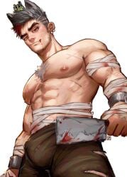 1boy 2021 abs bara barazoku biceps bulge facial_hair gay greentea hairy hairy_chest halloween hi_res highres looking_at_viewer male male_focus male_nipples male_only manly muscles muscular muscular_arms muscular_male nipples solo solo_male teeth teeth_visible werewolf wolf_ears