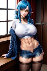 1girls ai_generated curvaceous curvy_body denim_shorts diffusionlad elf elf_female female female_focus female_only huge_breasts seductive_look stable_diffusion stockings voluptuous voluptuous_female