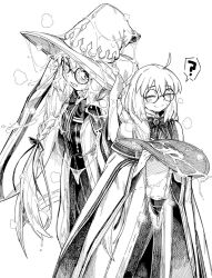 ? black_and_white blush closed_eyes cum cum_in_hat cum_in_headwear cum_on_body cum_on_hair cum_on_hat cum_on_headwear cum_wearing eyes_closed fate/grand_order fate_(series) female glass glasses greyscale happy hat long_hair looking_at_viewer monochrome morgan_le_fay_(fate) round_eyewear round_glasses smile sturkey tonelico_(fate) white_background witch_hat