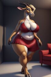 ai_generated amber_eyes anthro bedroom black_horn black_horns blonde_hair chubby cleavage crop_top curvaceous curvy disney fur furry gazelle gazelle_(zootopia) gigantic_thighs goat goat_ears goat_girl hair_over_one_eye horn horns huge_breasts indoors long_neck looking_at_viewer makeup navel orange_fur plump red_crop_top red_outfit red_skirt seductive seductive_eyes seductive_look snout stable_diffusion thick thick_thighs tuft voluptuous wgenjoyr4539 white_fur zootopia