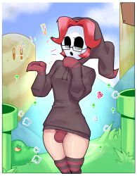 bulge easybee exclamation_point femboy glasses mario_(series) nat_(riteliso) outdoors pale_skin red_hair shy_guy super_mario_bros. thighhighs wide_hips