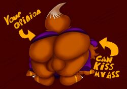 anthro arrows ass balls bent_over big_balls big_butt canid canine claws clothing digit_ring fox genitals hi_res jay_(jaythefox333) jaythefox333 jewelry letter male mammal purple_clothing red_background ring simple_background solo toe_claws toe_ring