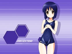 bare_shoulders blue_hair blush duplicate jinki kawamoto_satsuki mizugi navel one-piece_swimsuit school_swimsuit short_hair skin_tight solo standing sukumizu swimsuit thighs tsunashima_shirou wallpaper yellow_eyes