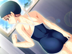 ass blush brown_hair dutch_angle game_cg hanyuu_ayuka high_res highres kunai_uri looking_back mizugi nakadashi_oyako one-piece_swimsuit red_eyes ribbon school_swimsuit sukumizu swim_cap swimcap swimsuit wet