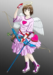 angel ayase_fuuka bow_(weapon) brown_eyes brown_hair clothing halo heart highres short_hair weapon wings yotsuba&!